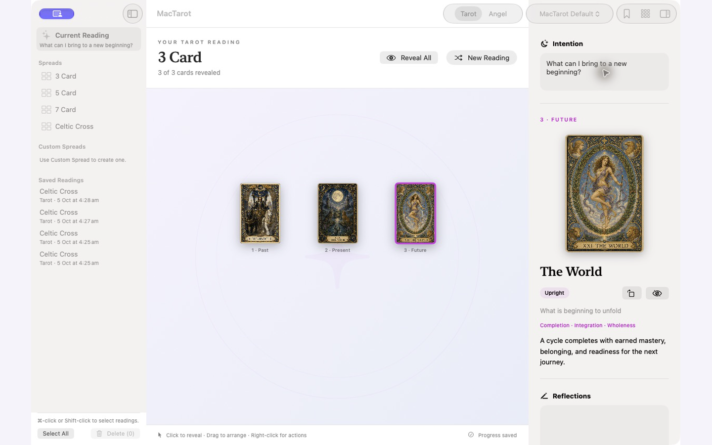 Three-card reading in MacTarot