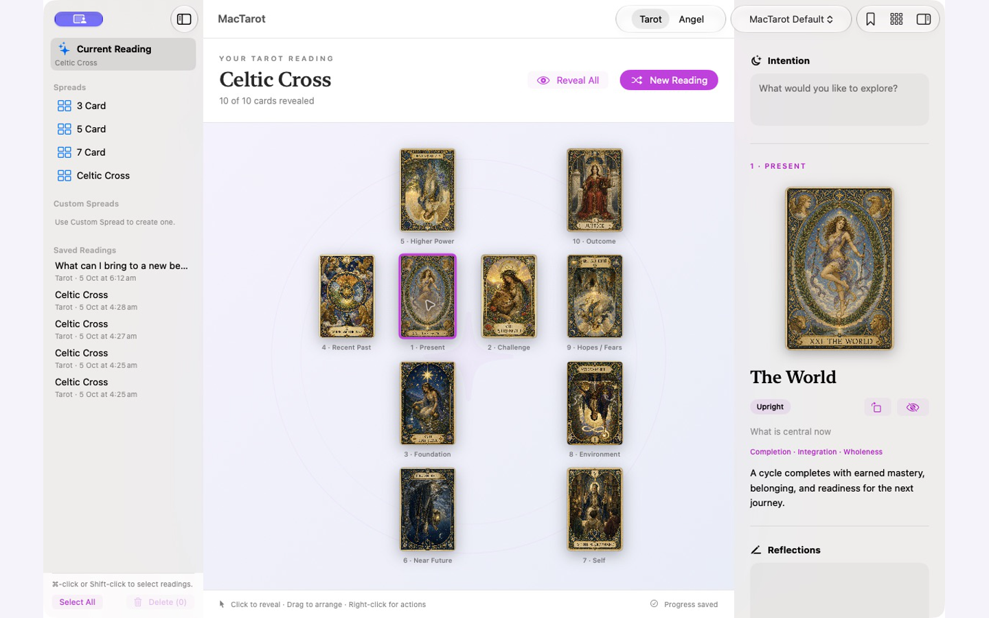 MacTarot's Celtic Cross spread, with ten cards, saved readings in the sidebar and card meanings in the inspector